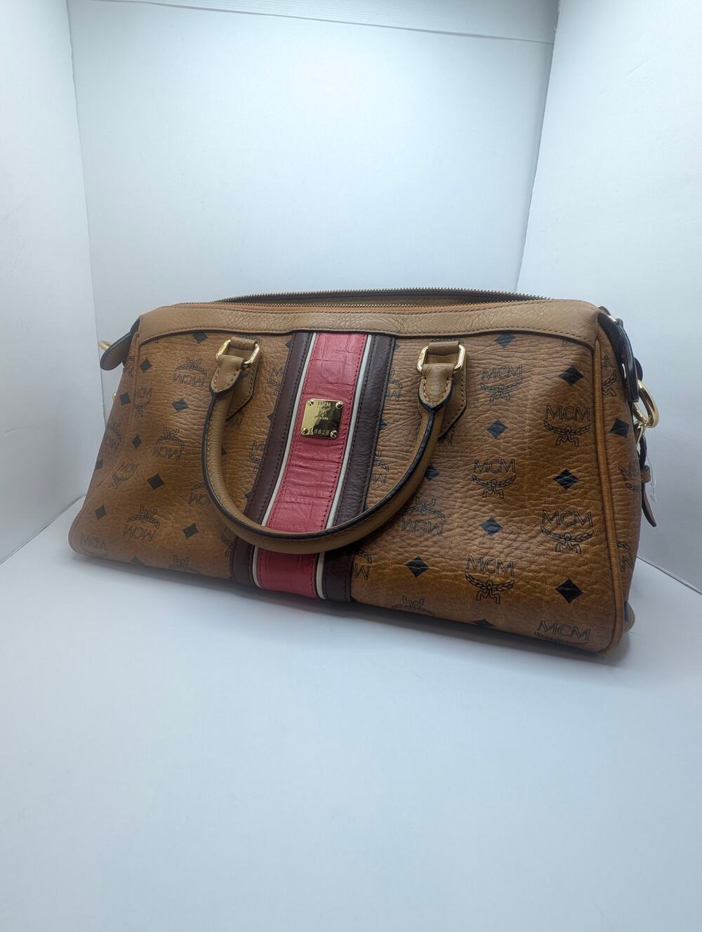 Auth MCM Cognac Visetos Limited Edition Boston Travel Bag Lion Stripe w/ COA